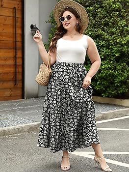 Younrui Women's Plus Size Casual Fall Skirt Black Floral